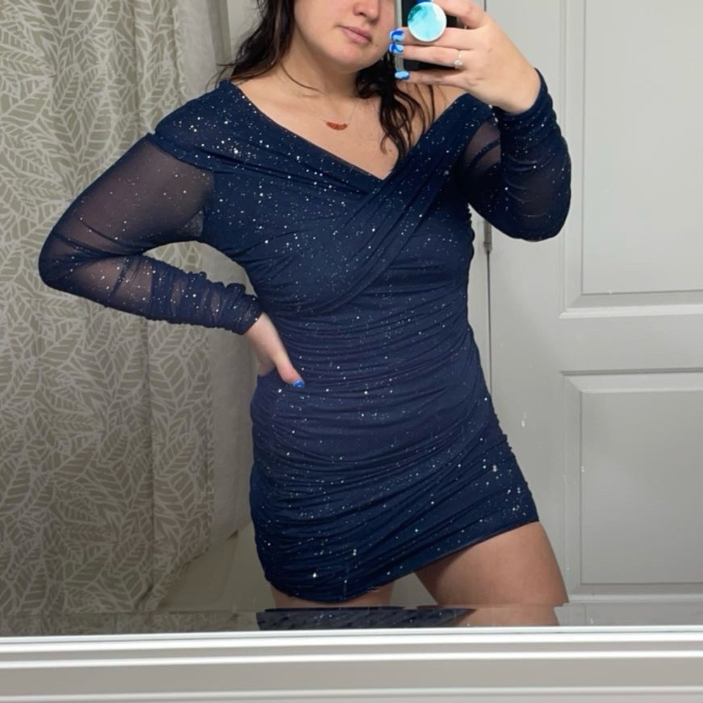 SHEIN Sparkling Navy Long Sleeve Dress